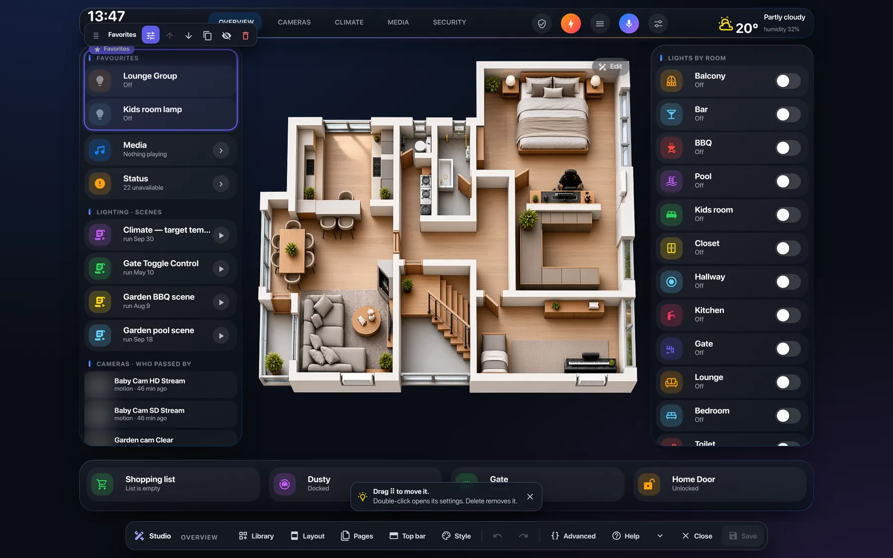 Studio: a selected module with its toolbar and a hint at the bottom